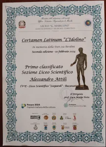 Attestato per Certamen Latinum L'Idolino al primo classificato su pergamena